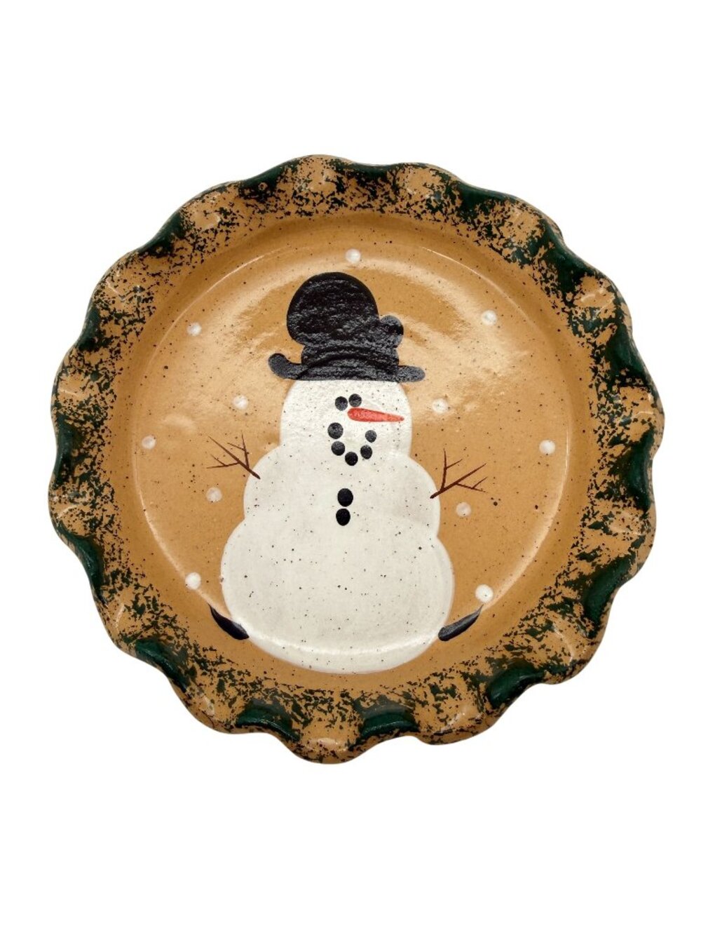 Vtg Three Rivers Pottery Snowman Side Plate Ruffled Green Spongeware Ohio USA